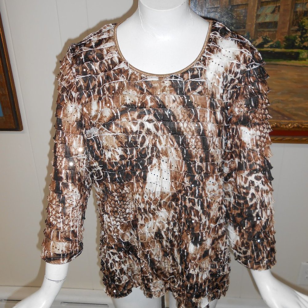 JM Collection Woman's Size M Variegated Brown Ruffle and Sequin Top